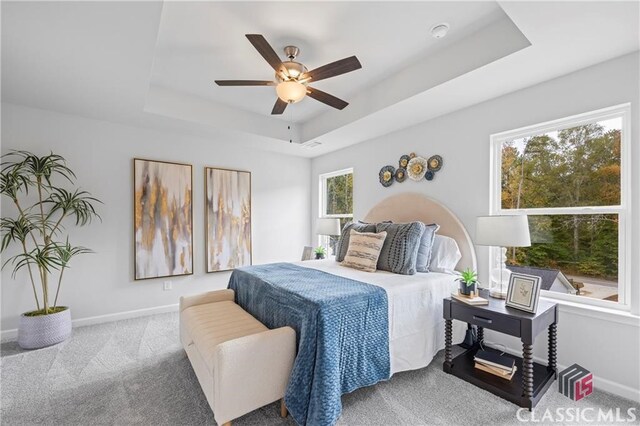 132 Water Oak Way, Crawford, GA 30630 - bedroom with a tray ceiling, carpet flooring, baseboards, and ceiling fan