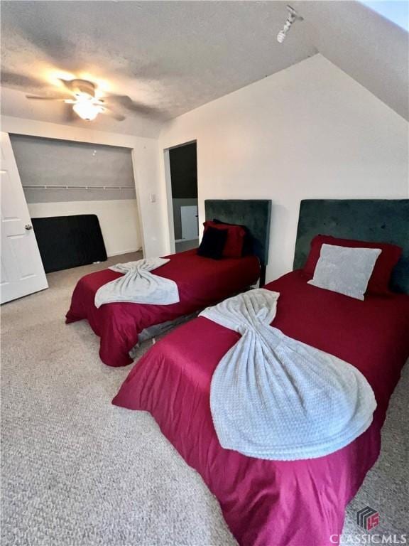 256 Cherokee Rdg, Athens, GA 30606 - bedroom with carpet, a ceiling fan, lofted ceiling, and a textured ceiling