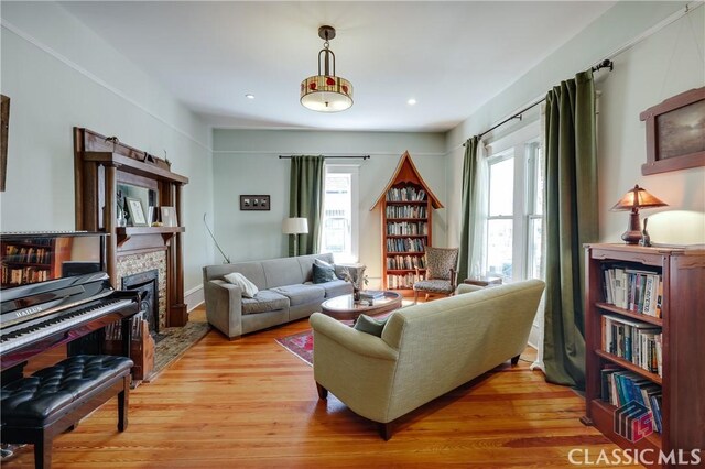 living room with light wood-type flooring and a fireplace