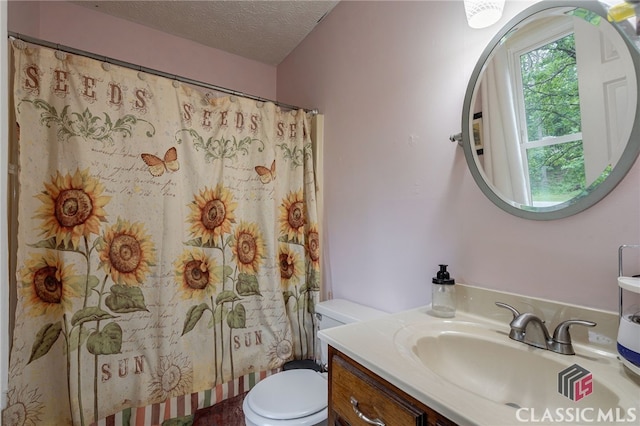 bathroom featuring toilet, vanity, a textured ceiling, and a shower with curtain