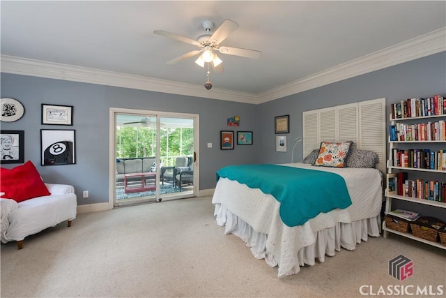 carpeted bedroom with access to outside, crown molding, a ceiling fan, and baseboards