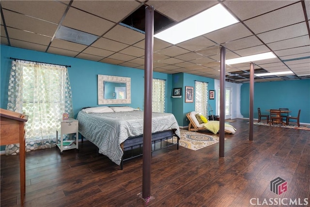 bedroom with hardwood / wood-style flooring, a drop ceiling, and multiple windows
