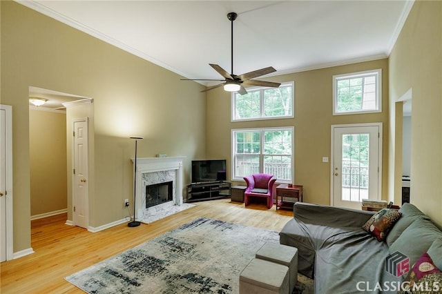 115 Crystal Creek Ct, Hull, GA 30646 - living room with crown molding, a ceiling fan, light wood-style floors, a fireplace, and baseboards