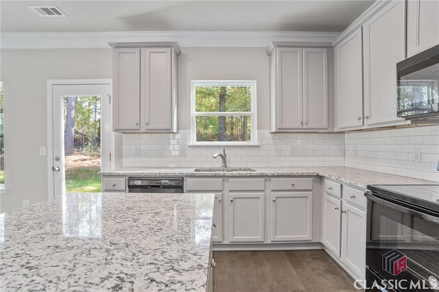 174 Water Oak Way, Crawford, GA 30630 - kitchen with black appliances, a sink, dark wood-type flooring, healthy amount of natural light, and ornamental molding