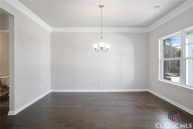174 Water Oak Way, Crawford, GA 30630 - unfurnished dining area featuring a chandelier, ornamental molding, dark wood-style flooring, and baseboards