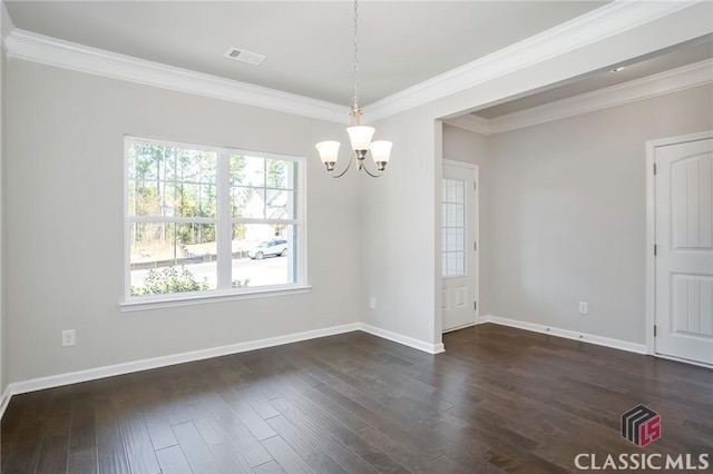 174 Water Oak Way, Crawford, GA 30630 - spare room with a chandelier, dark wood-style flooring, crown molding, and baseboards