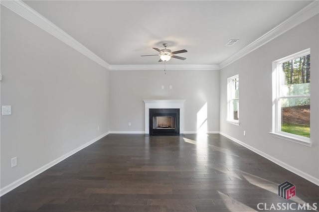 174 Water Oak Way, Crawford, GA 30630 - unfurnished living room with a fireplace with flush hearth, a ceiling fan, ornamental molding, baseboards, and dark wood-style flooring