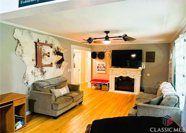75 Gunnell Rd, Comer, GA 30629 - living room featuring ornamental molding, light wood finished floors, ceiling fan, and a glass covered fireplace