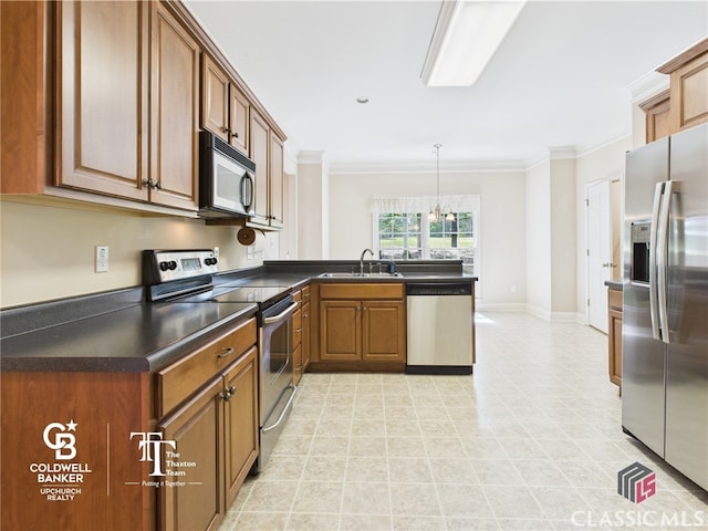 1090 Lane Creek Cir, Bishop, GA 30677 - kitchen with appliances with stainless steel finishes, a sink, brown cabinets, dark countertops, and a peninsula