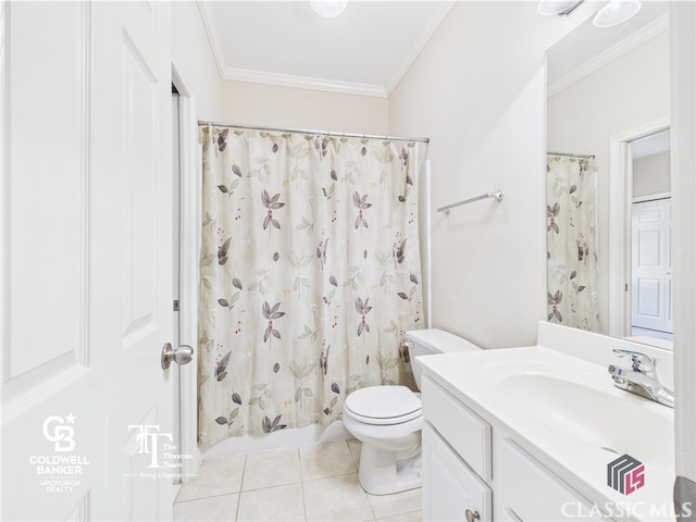 1090 Lane Creek Cir, Bishop, GA 30677 - full bathroom with tile patterned flooring, toilet, vanity, crown molding, and a shower with curtain