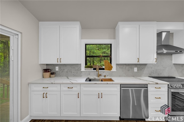 3920 Old Lexington Rd, Athens, GA 30605 - kitchen featuring wall chimney exhaust hood, appliances with stainless steel finishes, a sink, and decorative backsplash