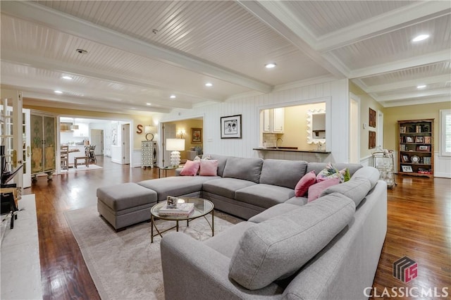 155 Wexford Pl, Athens, GA 30609 - living room featuring wood finished floors, beam ceiling, recessed lighting, and crown molding