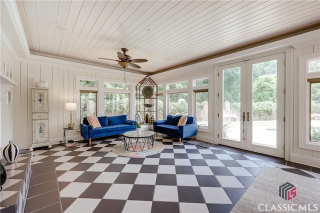155 Wexford Pl, Athens, GA 30609 - sunroom featuring french doors, ornamental molding, tile patterned floors, and wooden ceiling