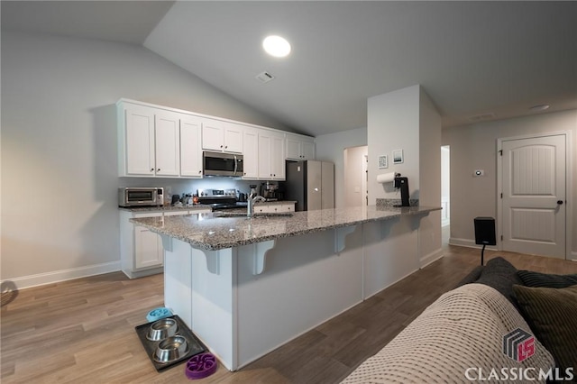 35 Westwood St, Danielsville, GA 30633 - kitchen featuring stainless steel appliances, a kitchen breakfast bar, light stone countertops, vaulted ceiling, and a peninsula