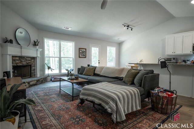 35 Westwood St, Danielsville, GA 30633 - living room with wood finished floors, lofted ceiling, a stone fireplace, and track lighting