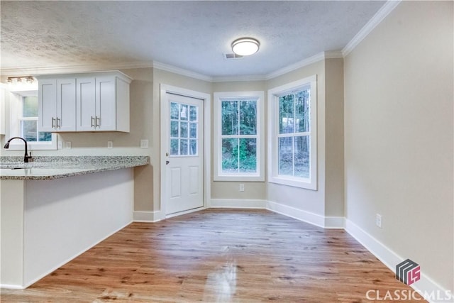 4085 Fawn Vly, Loganville, GA 30052 - kitchen with crown molding, plenty of natural light, light wood-style flooring, a textured ceiling, and light stone counters