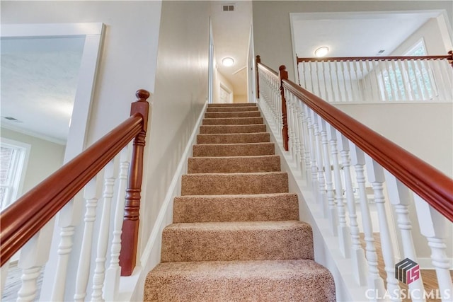 4085 Fawn Vly, Loganville, GA 30052 - staircase featuring crown molding