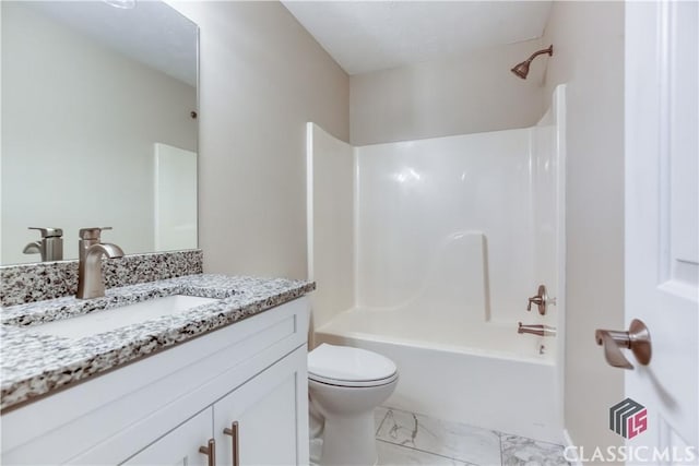 4085 Fawn Vly, Loganville, GA 30052 - full bathroom featuring vanity, marble finish flooring, toilet, and shower / tub combination