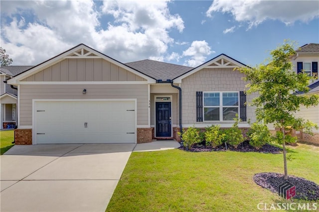 334 Pepin Ct, Hoschton, GA 30548 - craftsman house with brick siding, a front yard, a garage, concrete driveway, and board and batten siding