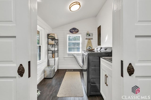 99 Hickory St, Commerce, GA 30529 - laundry area with washer and clothes dryer, cabinet space, and dark wood-type flooring