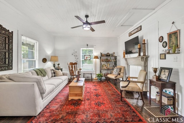 99 Hickory St, Commerce, GA 30529 - living area with wood finished floors, ceiling fan, wooden ceiling, and a fireplace