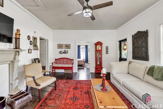 99 Hickory St, Commerce, GA 30529 - living room featuring dark wood-style flooring, ceiling fan, ornamental molding, and wood ceiling