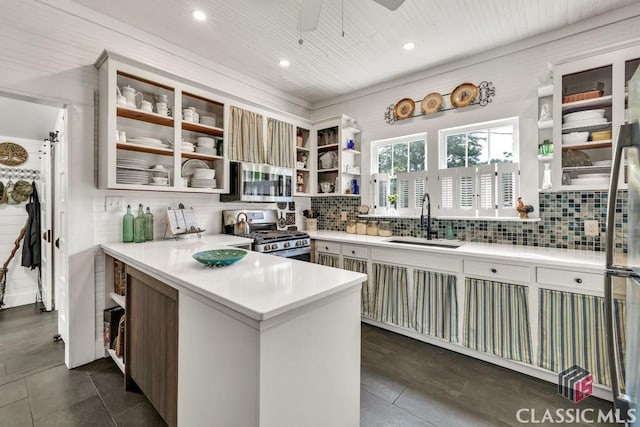 99 Hickory St, Commerce, GA 30529 - kitchen with stainless steel appliances, a sink, open shelves, tasteful backsplash, and light countertops