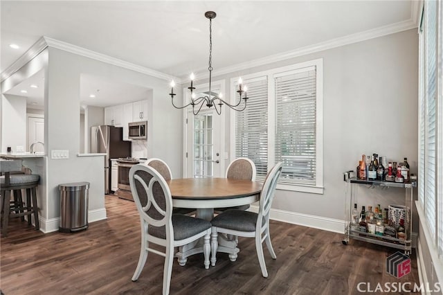 1050 Tailwater Unit A, Greensboro, GA 30642 - dining area with crown molding, dark wood-type flooring, baseboards, and a chandelier