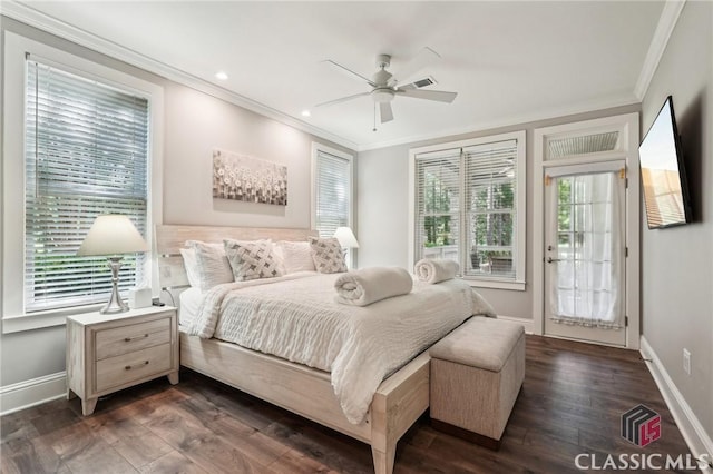 1050 Tailwater Unit A, Greensboro, GA 30642 - bedroom with ornamental molding, baseboards, dark wood-style flooring, access to outside, and ceiling fan