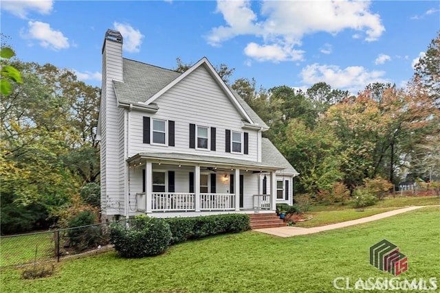 1061 Calls Creek Dr, Watkinsville, GA 30677 - view of front of house featuring a porch, a chimney, roof with shingles, and a ceiling fan