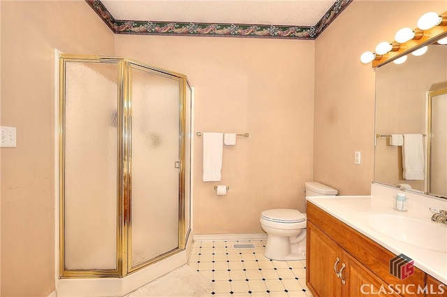 224 Red Oak Dr, Maysville, GA 30558 - full bathroom with a shower stall, vanity, toilet, tile patterned floors, and baseboards