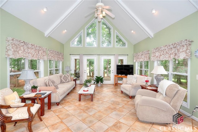 224 Red Oak Dr, Maysville, GA 30558 - living area featuring beam ceiling, high vaulted ceiling, a ceiling fan, and light tile patterned floors