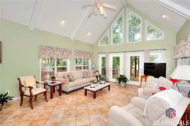 224 Red Oak Dr, Maysville, GA 30558 - living area featuring high vaulted ceiling, beam ceiling, light tile patterned floors, and ceiling fan