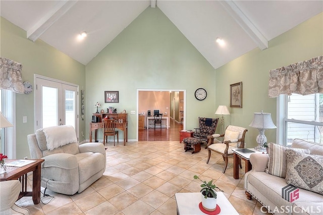 224 Red Oak Dr, Maysville, GA 30558 - living area featuring high vaulted ceiling, beam ceiling, light tile patterned flooring, and french doors