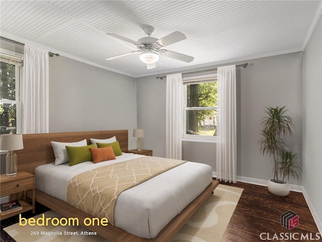 269 Magnolia St, Athens, GA 30606 - bedroom featuring baseboards, wood finished floors, crown molding, and a ceiling fan