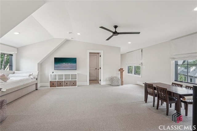 1170 Broadpoint Dr, Greensboro, GA 30642 - bedroom featuring carpet floors, vaulted ceiling, recessed lighting, baseboards, and a ceiling fan