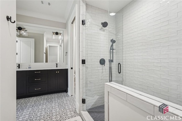 1170 Broadpoint Dr, Greensboro, GA 30642 - bathroom with a shower stall, double vanity, and tile patterned floors