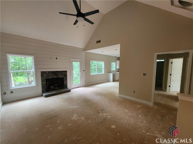 355 Discovery Trl, Athens, GA 30605 - unfurnished living room with high vaulted ceiling, ceiling fan, a fireplace, and baseboards