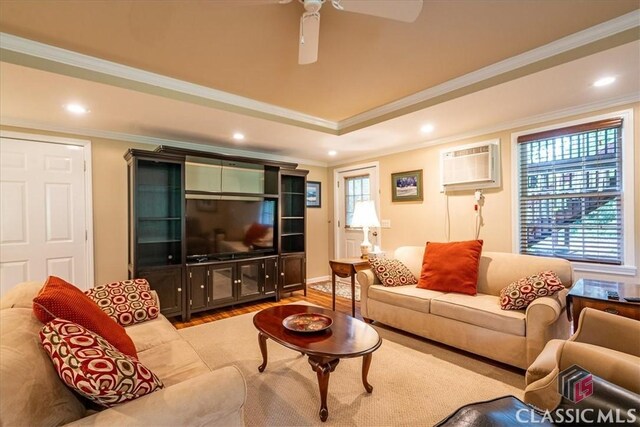 416 Mcdaniel St, Monroe, GA 30655 - living room with ornamental molding, an AC wall unit, recessed lighting, wood finished floors, and ceiling fan