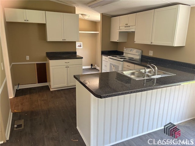 117 Lombardy Dr, Athens, GA 30601 - kitchen with electric range, a sink, under cabinet range hood, white cabinets, and a peninsula
