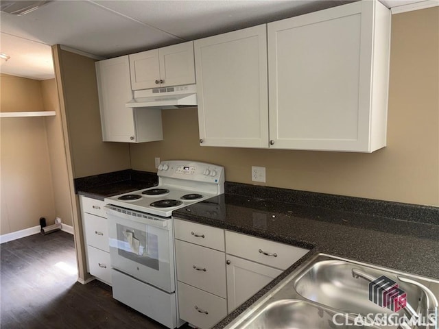 117 Lombardy Dr, Athens, GA 30601 - kitchen featuring electric stove, under cabinet range hood, dark wood-type flooring, and white cabinetry