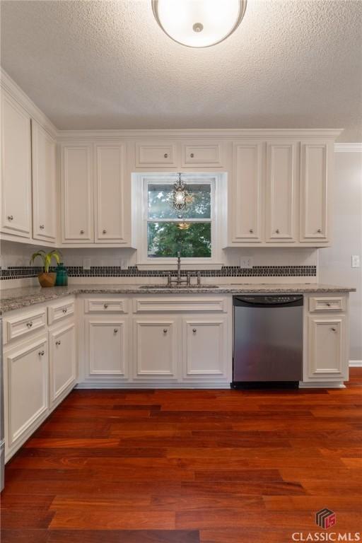 4080 Derby, Cumming, GA 30040 - kitchen featuring dishwasher, a sink, white cabinetry, a textured ceiling, and dark wood-style flooring