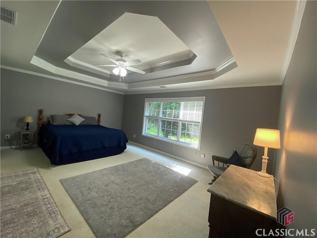 1100 Roberta Dr, Bishop, GA 30621 - bedroom featuring a tray ceiling, baseboards, crown molding, carpet floors, and ceiling fan
