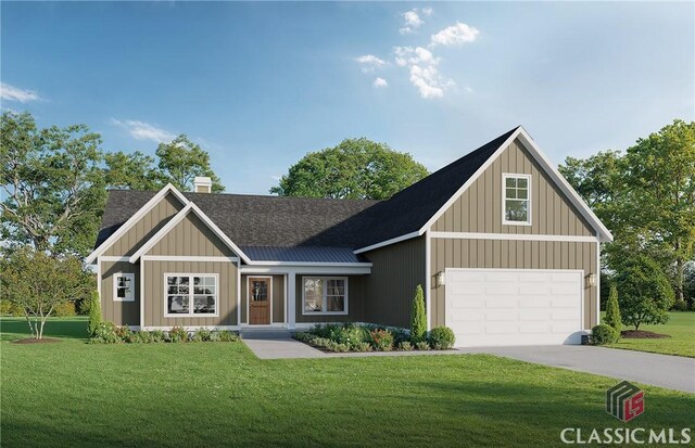 570 Davis Rd, Jefferson, GA 30549 - view of front facade with a chimney, a front yard, concrete driveway, roof with shingles, and board and batten siding