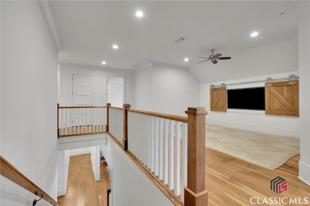 710 Cox Rd, Milton, GA 30075 - corridor with an upstairs landing, light wood finished floors, recessed lighting, crown molding, and baseboards