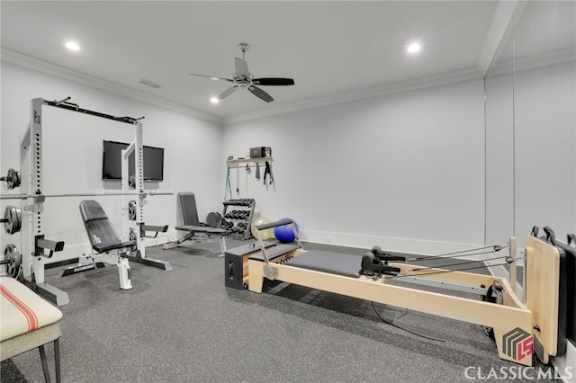 710 Cox Rd, Milton, GA 30075 - exercise area with ceiling fan, ornamental molding, and recessed lighting