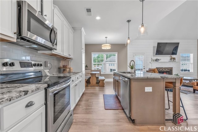1810 Willow Creek Dr, Watkinsville, GA 30677 - kitchen featuring stainless steel appliances, a sink, open floor plan, light wood finished floors, and recessed lighting
