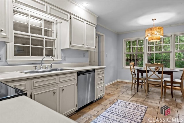 161 Pinecrest Ter, Athens, GA 30606 - kitchen featuring stainless steel dishwasher, a sink, crown molding, hanging light fixtures, and white cabinetry