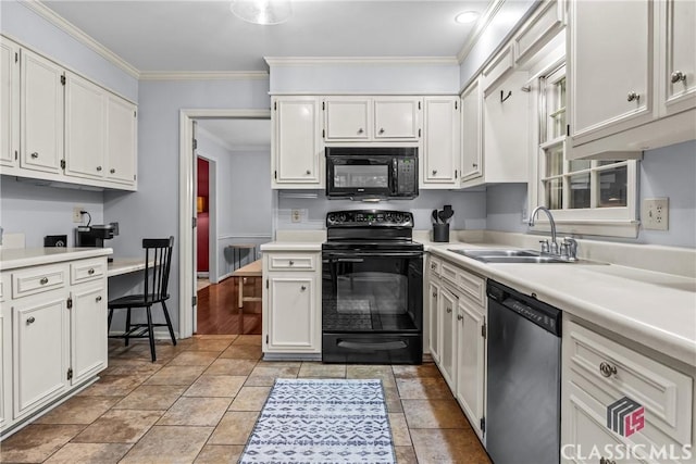 161 Pinecrest Ter, Athens, GA 30606 - kitchen with black appliances, a sink, crown molding, white cabinets, and light countertops