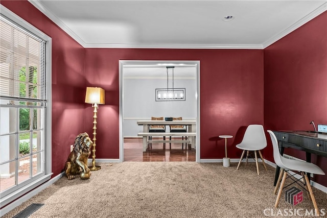 161 Pinecrest Ter, Athens, GA 30606 - carpeted home office with a chandelier, crown molding, and baseboards
